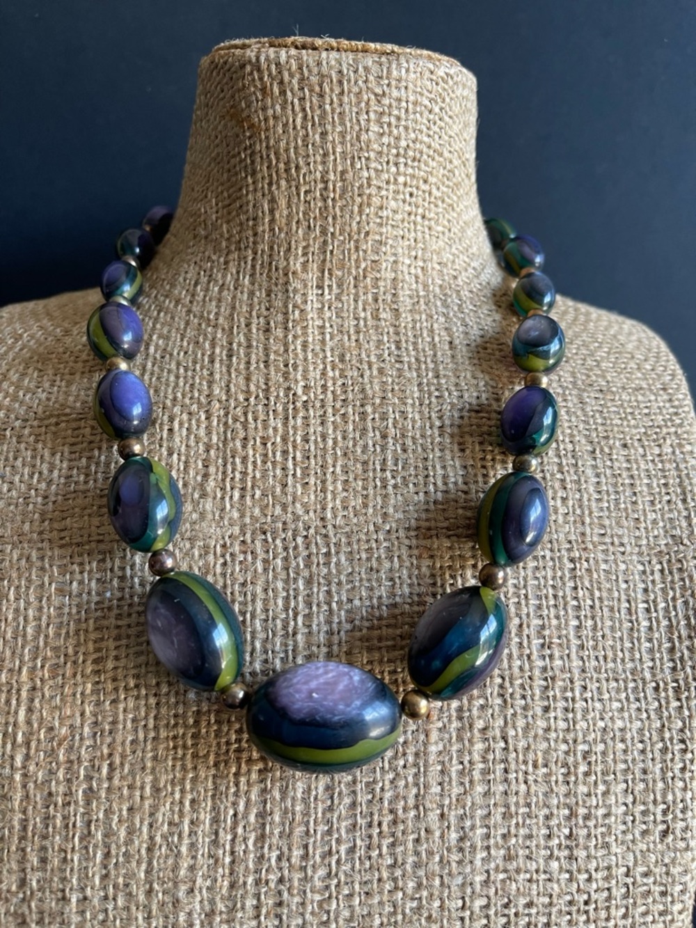 Vintage green & purple moonglow lucite Bead Necklace .
